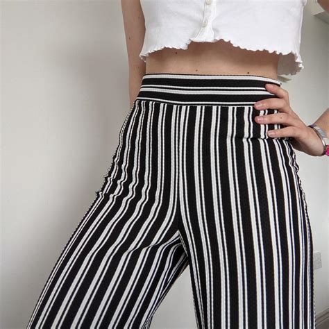 Black And White Vertically Striped Wide Leg High Depop