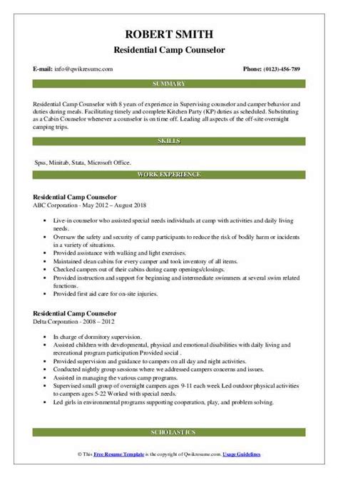 Residential Camp Counselor Resume Samples Qwikresume