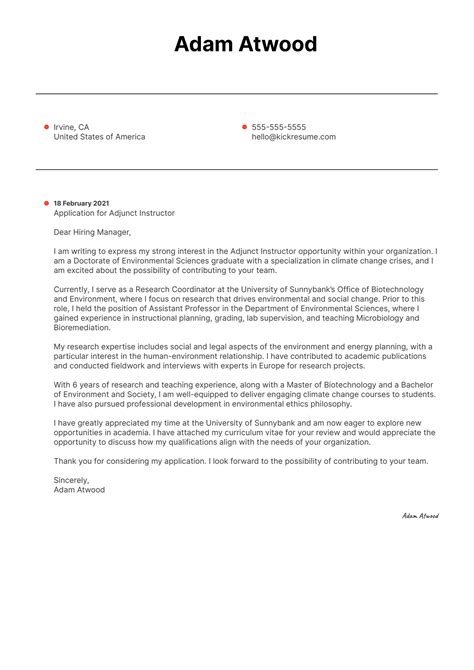 Adjunct Instructor Cover Letter Template Kickresume