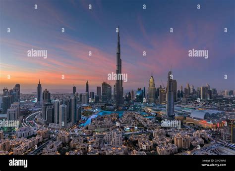 Panoramic Aerial View Of Dubai Skyline United Arab Emirates Stock