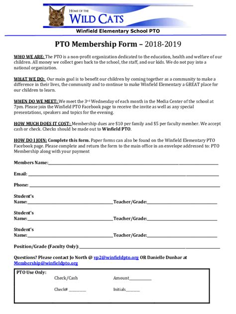 Fillable Online Pto Membership Form Winfield Elementary Pto