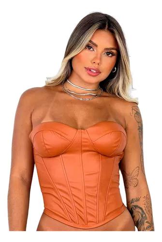 Cropped Blusa Corset Top Couro Tomara Que Caia Corpete Cirre