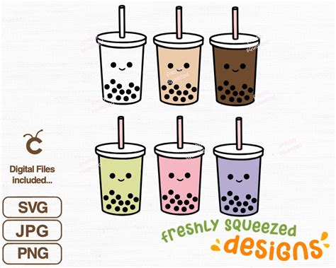 6 Kawaii Boba Tea Svg Png  Set Bubble Tea Kawaii Cute Bubble Tea Clip Art Kawaii Png Boba