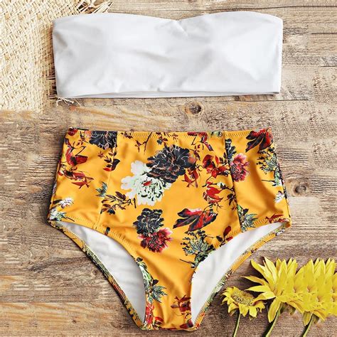 2018 Sexy Bikinis Strapless Floral High Rise Women Bikini Set Swimsuit