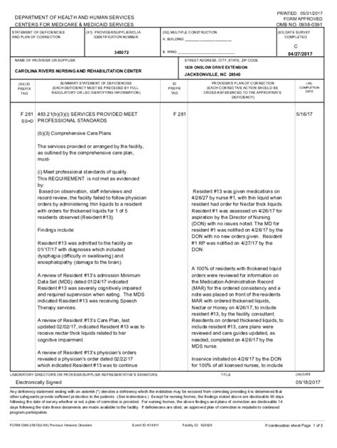 Fillable Online NC DHSR NHLSC Statement Of Deficiency Info Ncdhhs