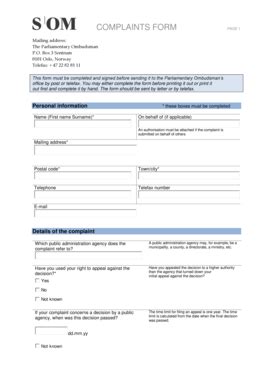 Fillable Online Complaints Form Sivilombudsmannen Fax Email Print