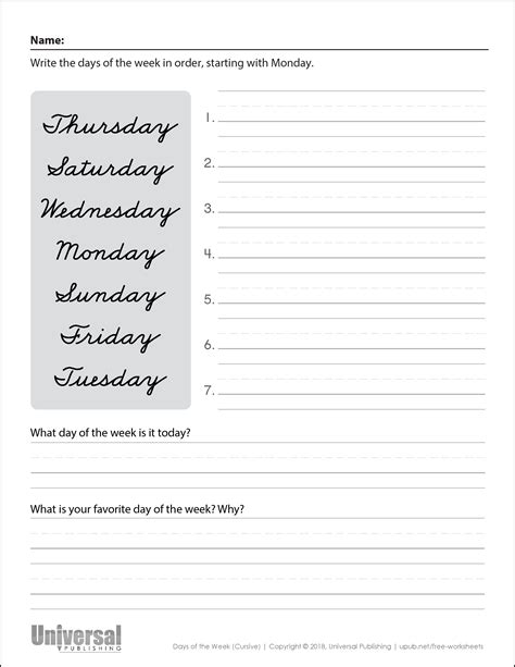 Free Days Of The Week Cursive Handwriting Worksheets A In Hot Sex Picture