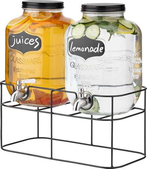 Navaris Glass Double Jar Drink Dispenser With Tap Includes Metal Stand For