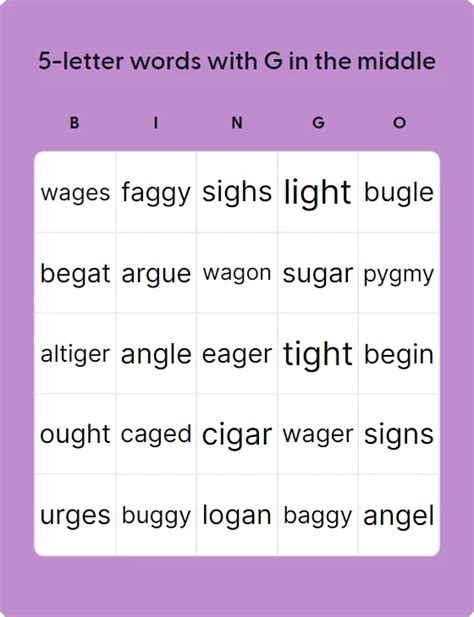 5 Letter Words With G In The Middle Bingo Card Creator