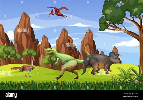 Scene With Dinosaurs In Forest Illustration Stock Vector Image Art