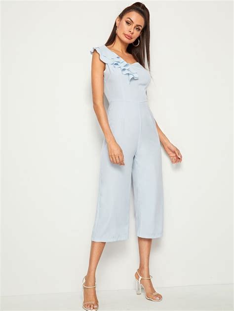 Asymmetrical Neck Layer Ruffle Solid Jumpsuit SHEIN Solid Jumpsuit