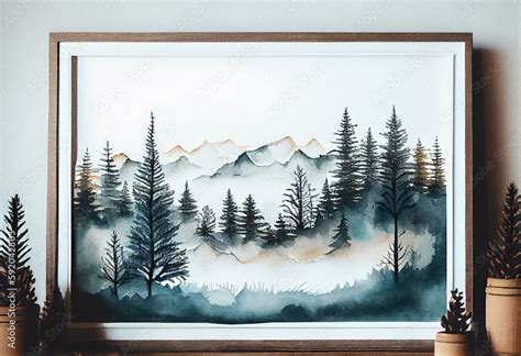 Watercolor painting landscape mountain pine tree forest in morning with fog and empty space of ...