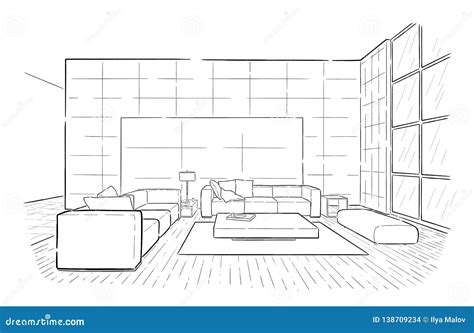 Living Room Graphic Interior Vector Sketch Draw Stock Vector