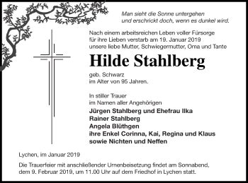 Traueranzeigen Von Hilde Stahlberg Trauer Nordkurier