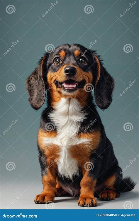 Adorable Dachshund Puppy Dog In Spotlight Front View Portrait Stock