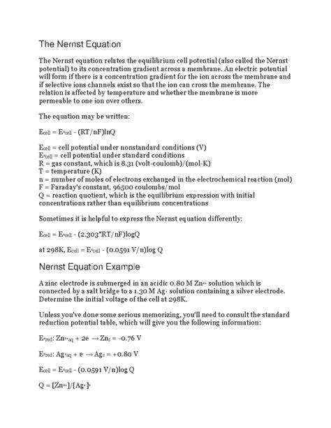 Ch 210 The Nernst Equation The Nernst Equation The Nernst Equation Relates The Equilibrium