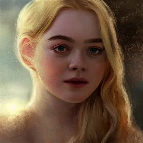 A Stunning Portrait Painting Of Elle Fanning In A Post Stable