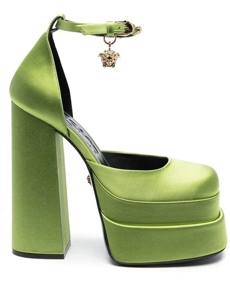 Versace Medusa Aevitas Satin Platform Pumps In Green Modesens