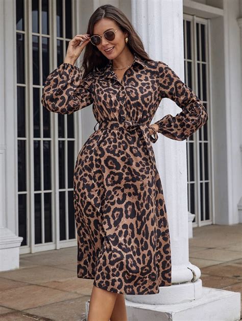 Shein Clasi Leopard Print Bishop Sleeve Belted Shirt Dress Shein Usa