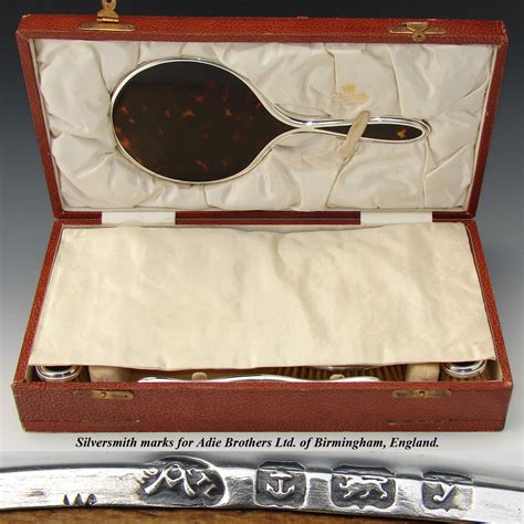 Superb Antique Tortoise Shell And Sterling Silver Vanity Set Boxed C