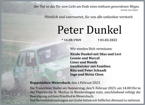 Traueranzeigen Von Peter Dunkel Rz Trauer De