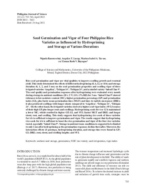 (PDF) Seed Germination and Vigor of Four Philippine Rice Varieties as ...