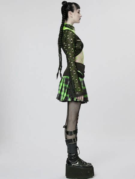 Punk Rave Black And Green Plaid Gothic Punk Grunge Girl Pleated Mini