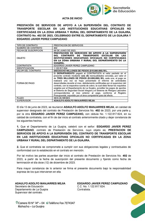 9 ACTA DE Inicio Ejemplo ACTA DE INICIO PRESTACIÓN DE SERVICIOS DE