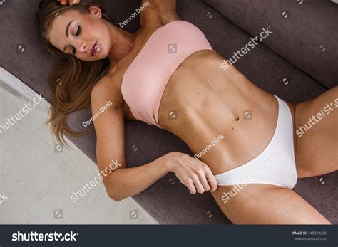 Beautiful Girl Blonde Fitness Sexy Lingerie Stock Photo