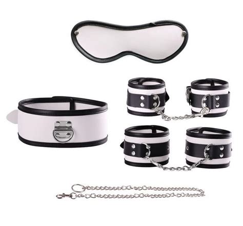 5 Piece Set White Pu Leather Sex Couples Game Whip Handcuffs Bdsm