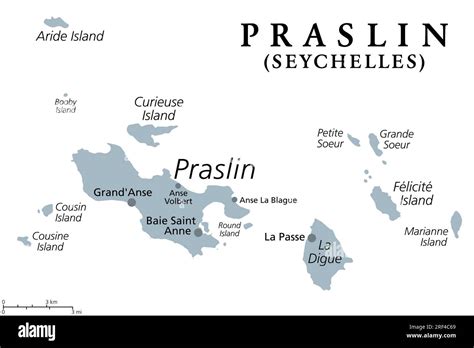 Praslin and nearby islands, gray political map. Second largest islands of the Seychelles, a ...