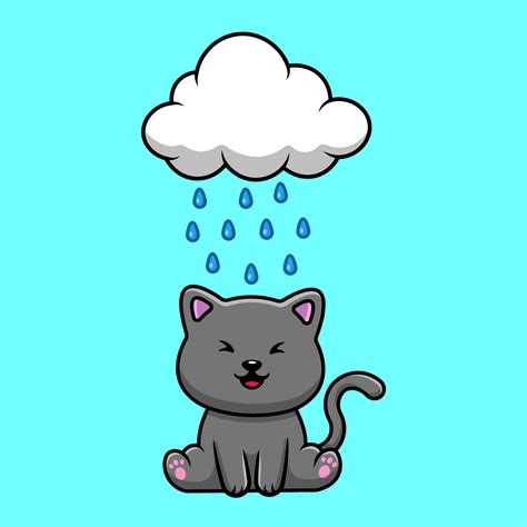 Cute Cat Sitting Under Rain Cloud Cartoon Vector Icons Illustration ...