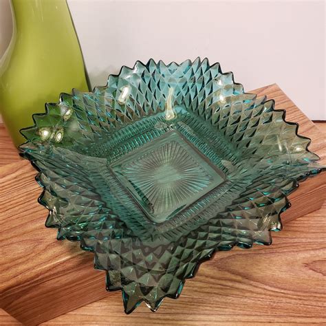 Vintage Indiana Glass Teal Blue Diamond Point Ruffle Edge Dish Etsy