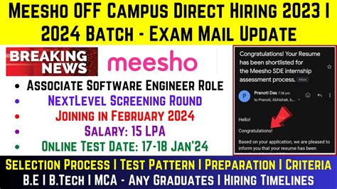 Meesho Biggest Hiring Batch Exam Mail Update Test Date