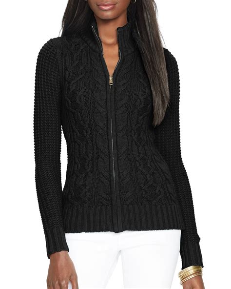 Ralph lauren Lauren Mixed Knit Zip Cardigan in Black | Lyst