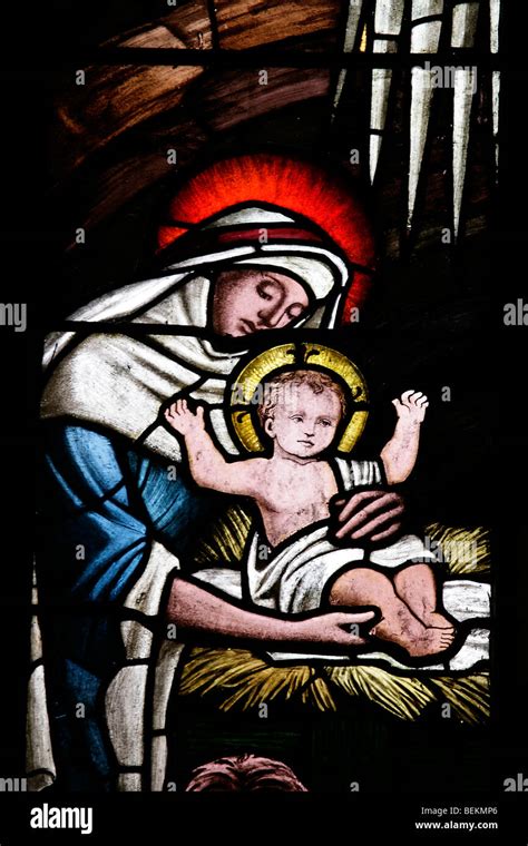 Detail From A Stained Glass Window Depicting Mary And The Infant Jesus