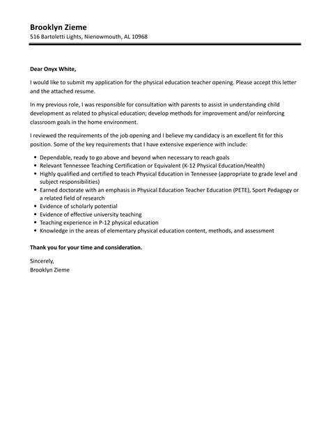 Physical Education Teacher Cover Letter Velvet Jobs