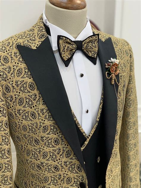 Golden Slim Fit Groom Floral Tuxedo For Men By