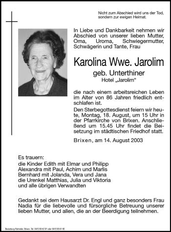 Traueranzeigen Von Karolina Jarolim Trauer Bz