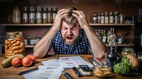 Man upset headache depressed from cost of living got higher from