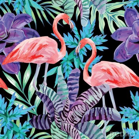 Tapete Flamingo Aquarell Und Exotischen Pflanzen Muster Nach Ma