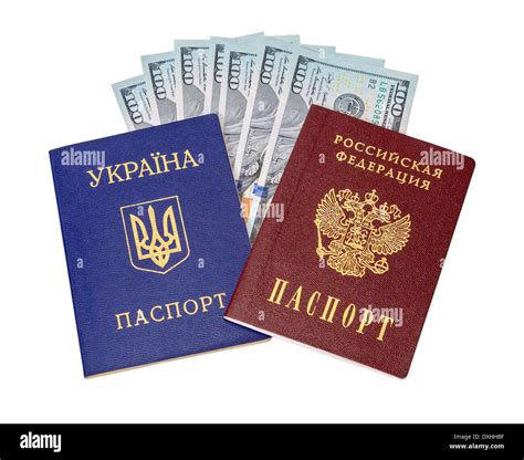 Ukrainian Russian Passports And Dollar Bills Over White Background