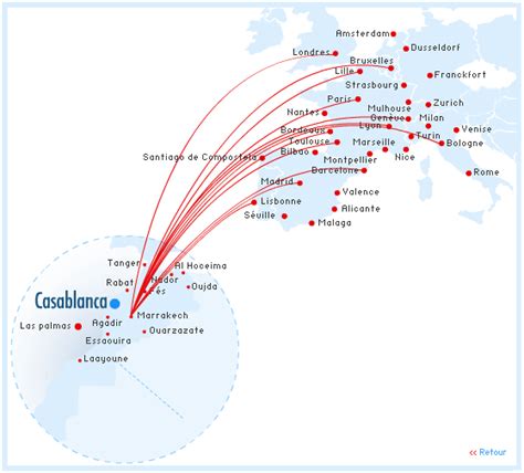 Royal Air Maroc route map - Europe from Marrakech