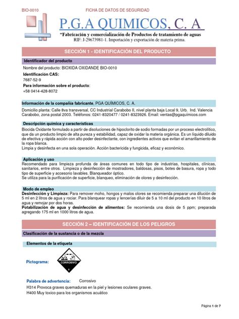 Hoja De Seguridad Bio 0010 Pdf Agua Blanqueador