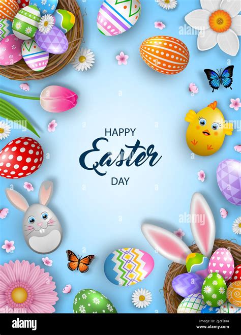 Happy Easter Background With Eggs In The Nests Flowers And Butterflies