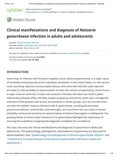 Clinical Manifestations And Diagnosis Of Neisseria Gonorrhoeae