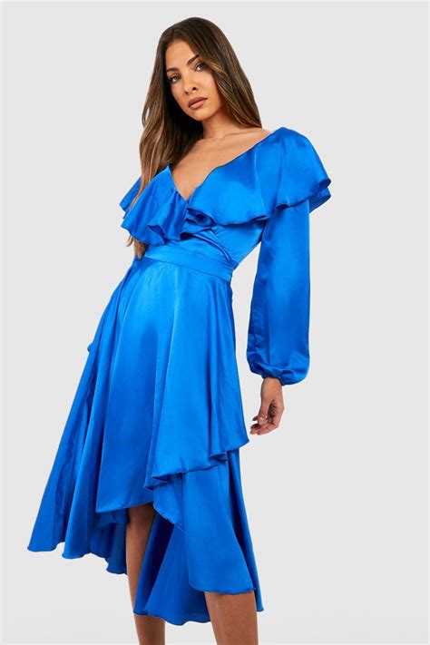 Long Sleeve Satin Ruffle Wrap Skater Dress Boohoo Uk