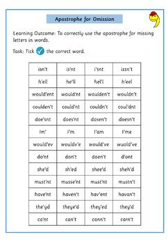 Apostrophe For Contraction Differentiated Worksheets By Inspire And Educate