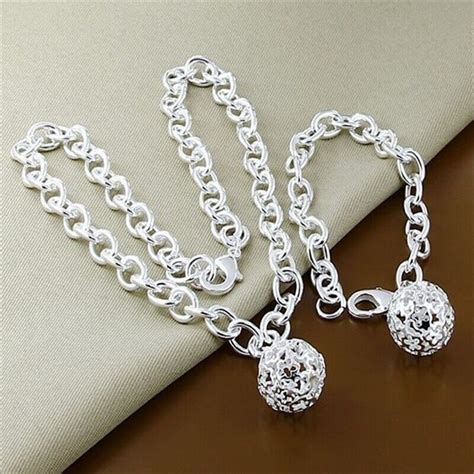 925 Sterling Silver Filled Hollow Ball Necklace Bracelet Women Jewelry