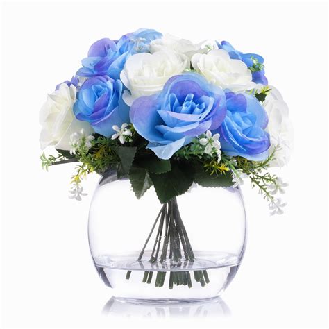 Enova Home Artificial Mixed Open Roses Silk Flowers Arrangement In Clear Glass Vase With Faux